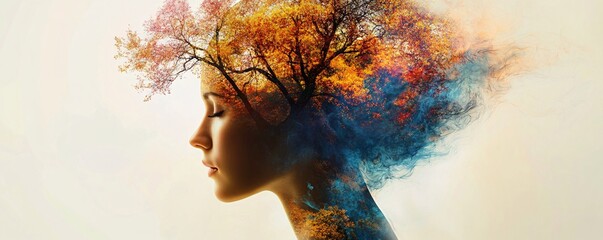 Wall Mural - Woman connecting with nature showing autumn colors in double exposure portrait