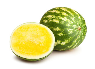 Wall Mural - sliced yellow watermelon path isolated on white