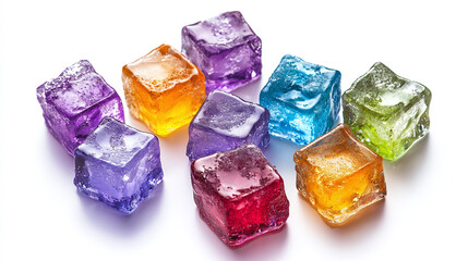 collection of vibrant colorful ice cubes in purple, blue, orange, red, green, and yellow isolated on