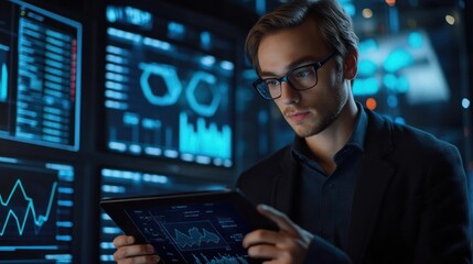 Poster - Young professional analyzes data using tablet surrounded by screens