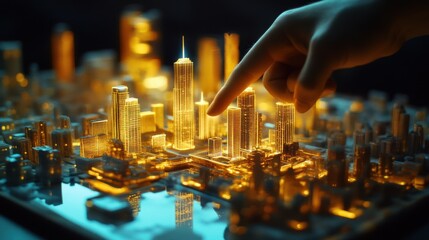 Poster - Hand selecting golden buildings from illuminated miniature cityscape model