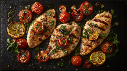 Wall Mural - Grilled chicken breast with fresh cherry tomatoes, herbs, and roasted lemon - healthy mediterranean-style dish with vibrant vegetables and seasonings.