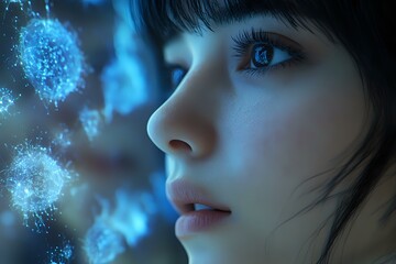 Poster - Young Asian woman profile with glowing blue particles in dark atmosphere, dramatic side lighting creates mystical sci-fi mood. Suitable for technology concepts.
