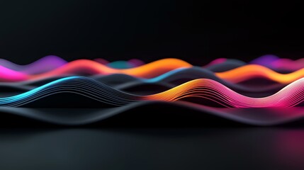 Poster - Colorful glowing waves on dark background with neon pink, orange, and blue light trails creating dynamic flowing motion effect for technology designs.