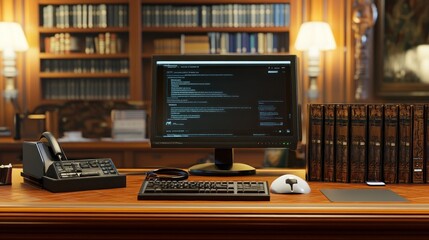 Poster - Computer workstation in a classic office with wooden bookshelves