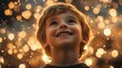© Yuliia - Smiling young Caucasian boy looking up with wonder against magical golden bokeh lights background creating dreamy holiday atmosphere. Captures childhood joy and imagination.