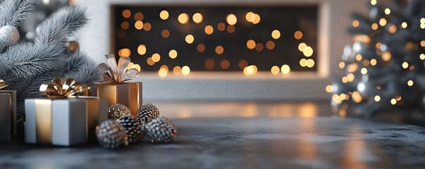 Poster - Christmas presents waiting under the tree by the fireplace