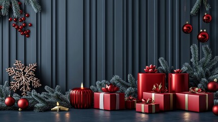Poster - Christmas gifts decorated with red ribbons standing in front of a dark blue wall