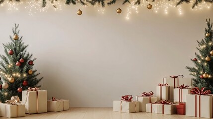 Poster - Christmas interior background with decorated fir trees and gift boxes