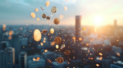 Poster - Bitcoin coins floating against urban cityscape at sunset with bokeh effect and lens flare, cryptocurrency concept for financial technology and digital payment systems.