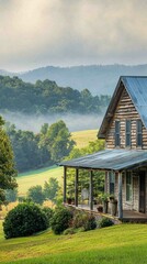 Wall Mural - Rustic Farmhouse Set Against Scenic Mountain Backdrop in Nature