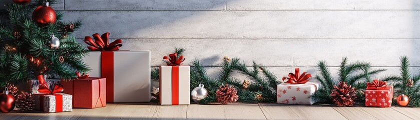 Poster - Christmas tree branches and gifts decorating rustic wooden boards background
