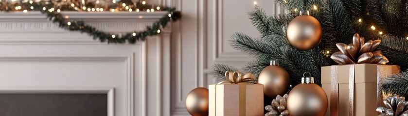 Wall Mural - Christmas tree decorated with golden baubles and gift boxes with fireplace in background