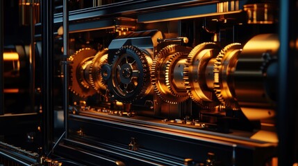 Poster - Intricate Golden Gears in a Dark Mechanical Device
