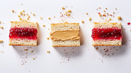 Wall Mural - Peanut butter and red jelly sandwich isolated on white background.