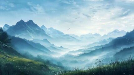 Wall Mural - Serene Highland Landscape with Gentle Mists and Rugged Terrain