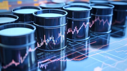 Poster - Oil Barrels Displaying Stock Market Charts
