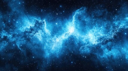 Wall Mural - Deep space nebula with glowing blue clouds and scattered stars.