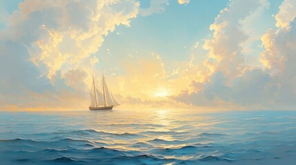 Canvas Print - Serene Seascape with Sailing Vessel at Sunset