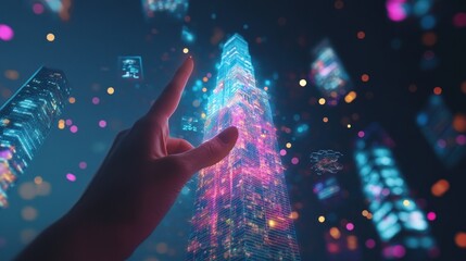 Poster - Hand interacting with glowing digital buildings in a futuristic city