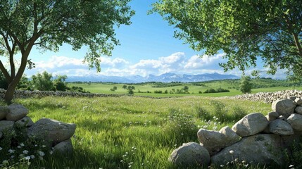 Wall Mural - Serene Reclaimed Land with Green Pasture and Blue Sky View