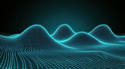 Poster - abstract digital landscape with glowing wireframe grid and dark background