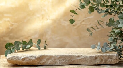 Poster - Set against a soft, earthy background, a rustic podium rests on a textured surface, adorned with lush greenery that enhances its natural beauty. This serene display invites creativity