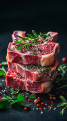 Wall Mural - Fresh lamb chops stacked with seasoning, including rosemary, black pepper, and salt, on a dark background. The image highlights raw meat preparation and culinary freshness.