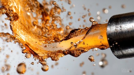 Aufkleber - Amber Liquid Flowing From Metal Nozzle Splashing Droplets