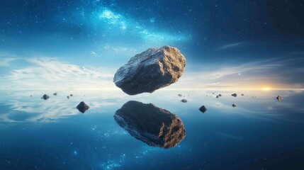Poster - Surreal Composition of Meteorite Suspended Above Calm Water Surface