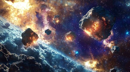 Poster - Surreal Cosmic Scene with Multiple Meteorites in Vast Universe