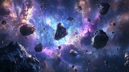 Poster - Surreal Cosmic Vista with Multiple Meteorites in Vibrant Space Background