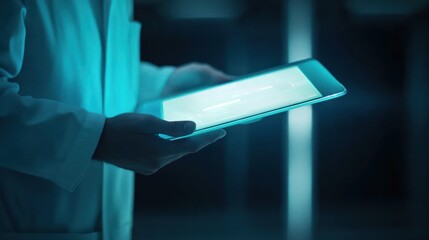 Poster - Scientist in lab coat reviews data on a glowing tablet