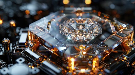 Poster - Intricate Close-Up of a Crystal Structure with Reflective Surfaces and Glowing Highlights in a Dark Background