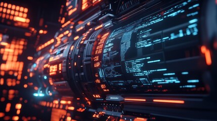 Aufkleber - Futuristic machinery displays intricate code with bright neon illumination