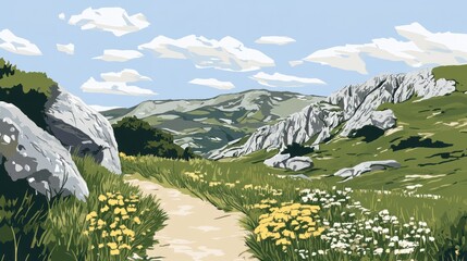 Canvas Print - A winding path through a vibrant mountainous landscape illustration