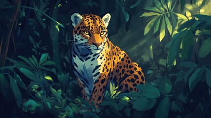 Sticker - Stylized jaguar sitting amidst dense foliage in a jungle setting