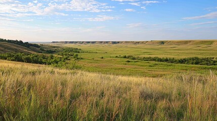 Wall Mural - Vast Prairie Land Stretching Endlessly Under Bright Blue Sky