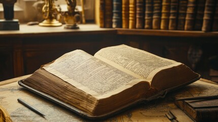 Poster - Old open book rests on a detailed antique map