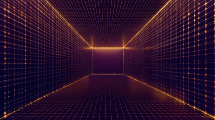 Poster - abstract futuristic golden grid tunnel perspective - sci-fi technology concept