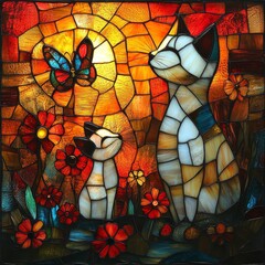 Wall Mural - A beautiful stained glass artwork featuring two cats gazing at a colorful butterfly, surrounded by vibrant flowers and illuminated by warm golden light.  
