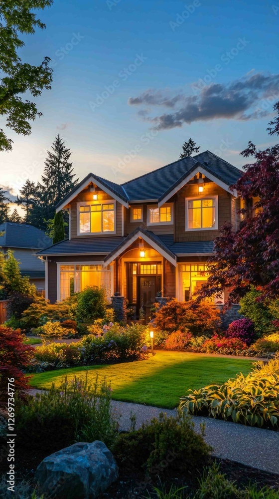 Vibrant Suburban Home Scene with Lush Garden at Dusk