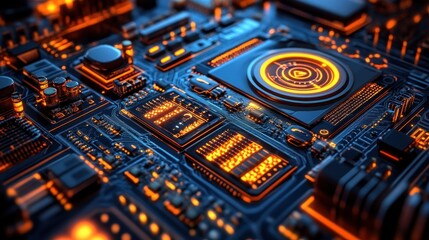 Poster - Intricate Circuit Board Design with Glowing Orange Components and Blue Traces