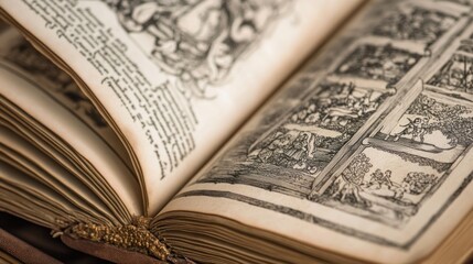Aufkleber - Old book open displaying aged pages with drawings and text