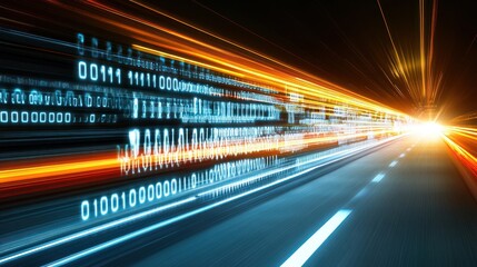 Poster - digital highway: binary code and light speed data transmission concept