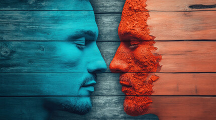 Wall Mural - Two human, A digital artwork depicting a serene blue figure contrasted against a dynamic red face.