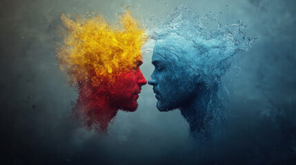 Poster - Two human, A digital artwork featuring a fire-themed profile facing a water-themed profile, rendered in high fidelity.