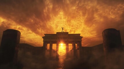 Canvas Print - Dramatic sunset behind Brandenburg Gate, fiery clouds, silhouette.