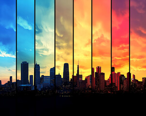 Poster - A vibrant city skyline in panels with a gradient of colors, symbolizing the beauty of urban life at different times of the day, with the transition from dawn to dusk.