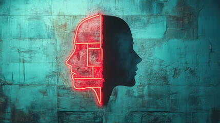 Wall Mural - Two human, A red neon-outlined profile image showcasing a figure staring into a dark background, high fidelity version.